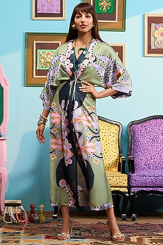 Black Satin Linen Printed Kaftan by PAPA DONT PREACH PRET