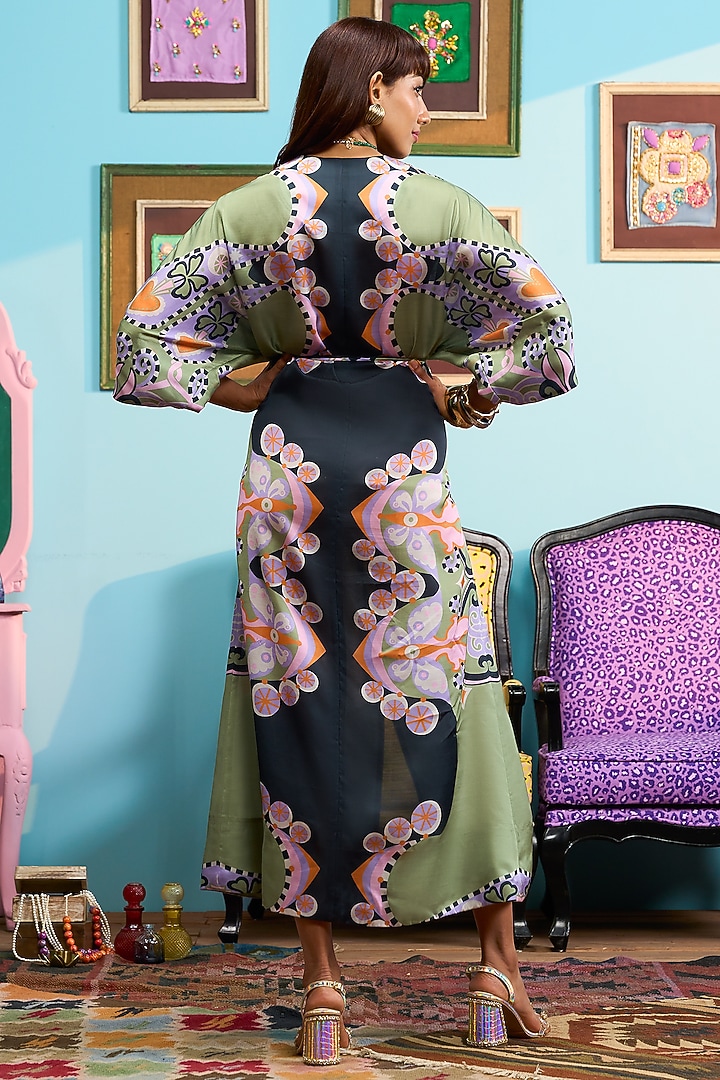 Black Satin Linen Printed Kaftan by PAPA DONT PREACH PRET at Pernia's Pop Up Shop