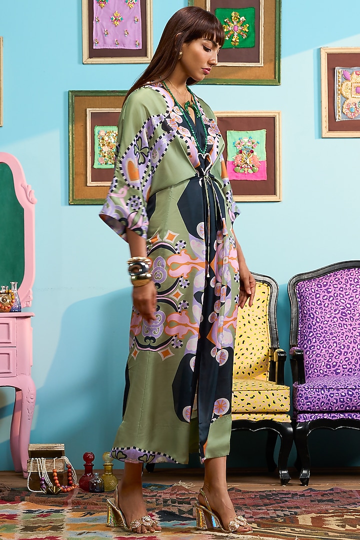 Black Satin Linen Printed Kaftan by PAPA DONT PREACH PRET at Pernia's Pop Up Shop