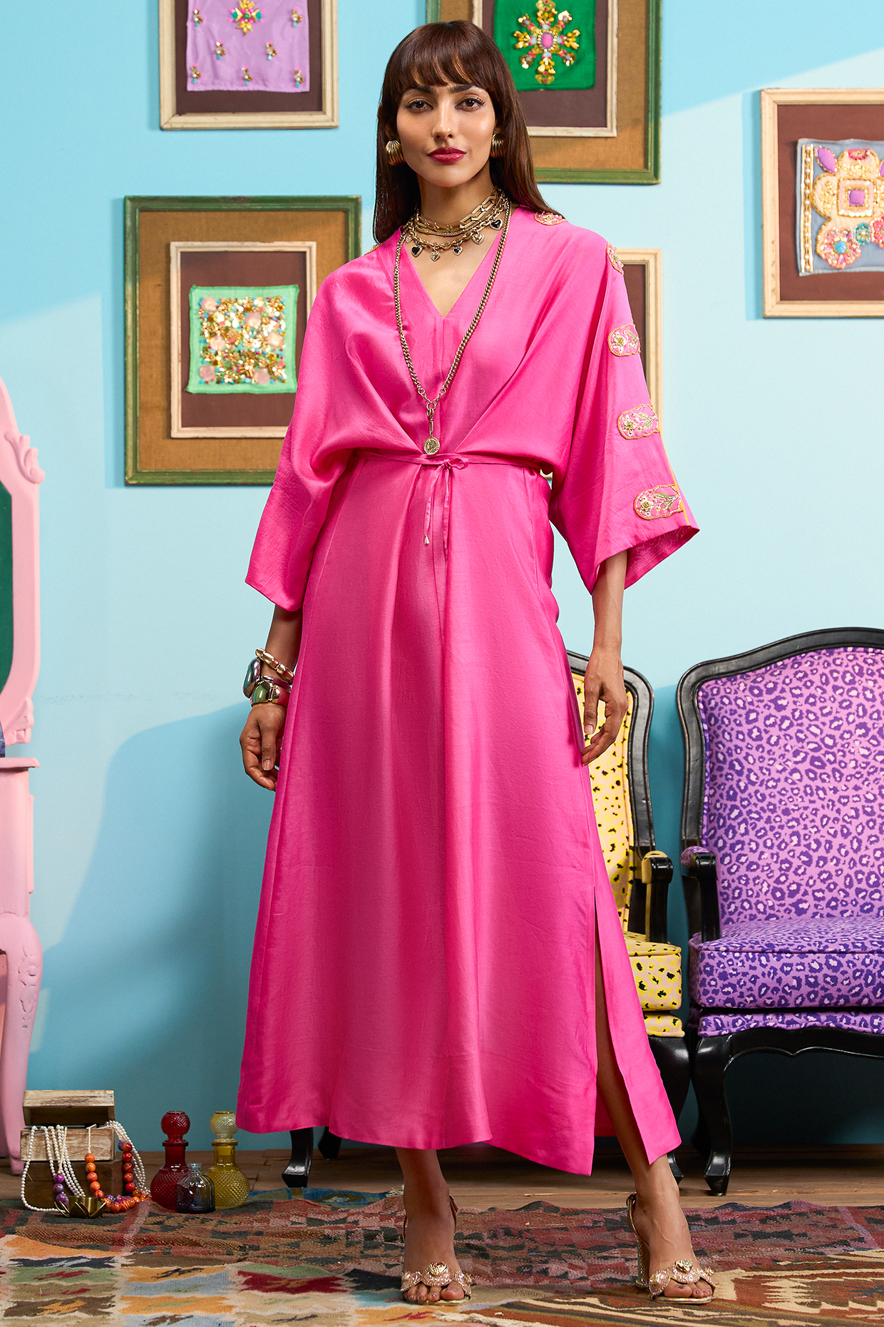 Pink Chanderi Embroidered Kaftan With Slip by Papa Don't Preach by Shubhika at Pernia's Pop Up Shop