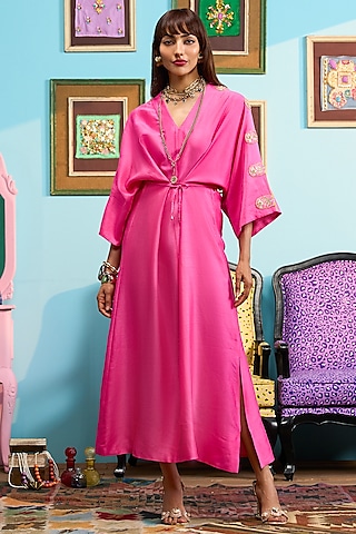 Pink Satin Linen Printed Kaftan by PAPA DONT PREACH PRET