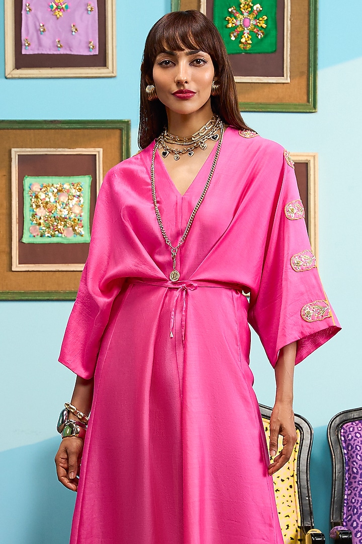 Pink Satin Linen Printed Kaftan by PAPA DONT PREACH PRET at Pernia's Pop Up Shop