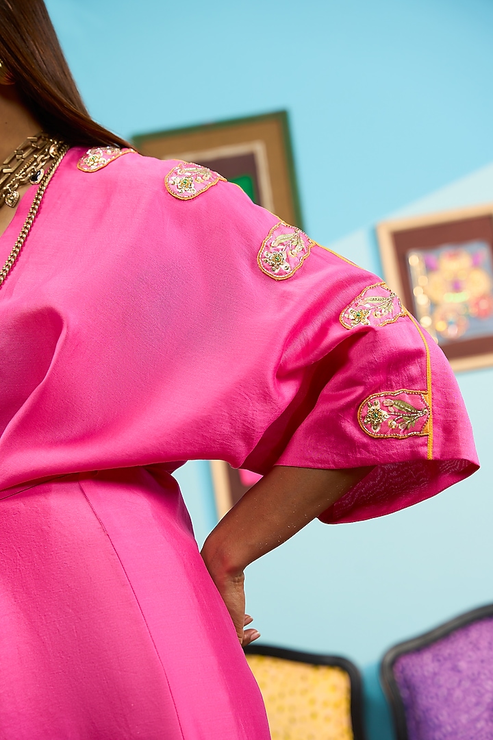 Pink Satin Linen Printed Kaftan by PAPA DONT PREACH PRET at Pernia's Pop Up Shop