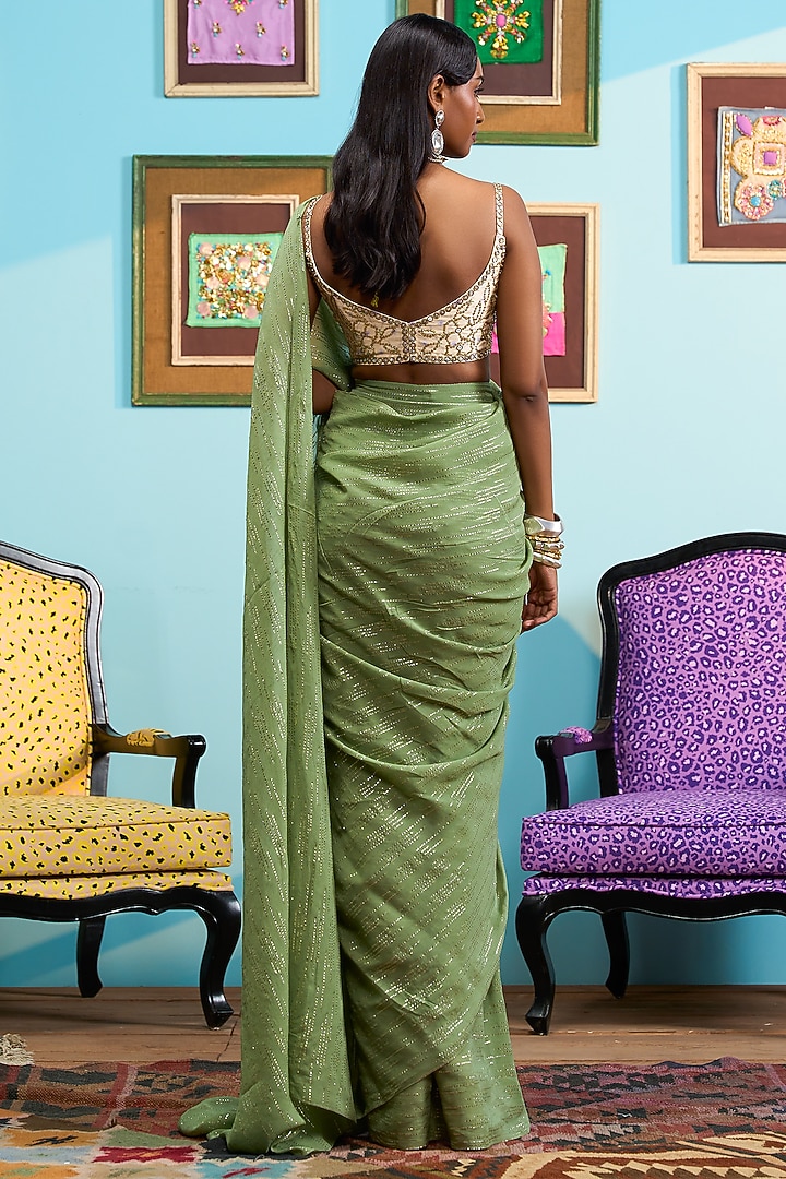 Green Lurex Pre-Stitched Reception Saree Set by PAPA DONT PREACH PRET at Pernia's Pop Up Shop