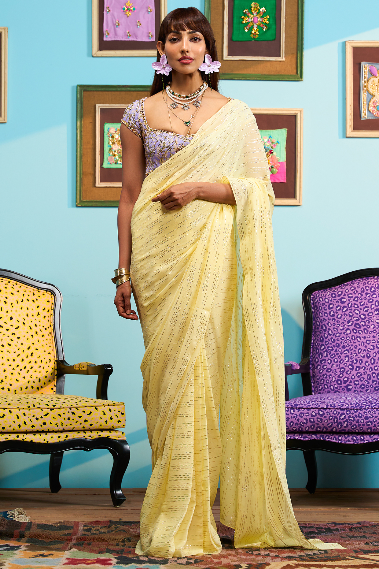 Yellow Lurex Pre-Stitched Reception Saree Set by Papa Don't Preach by Shubhika at Pernia's Pop Up Shop