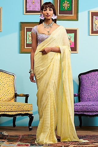 Yellow Lurex Pre-Stitched Saree Set by PAPA DONT PREACH PRET