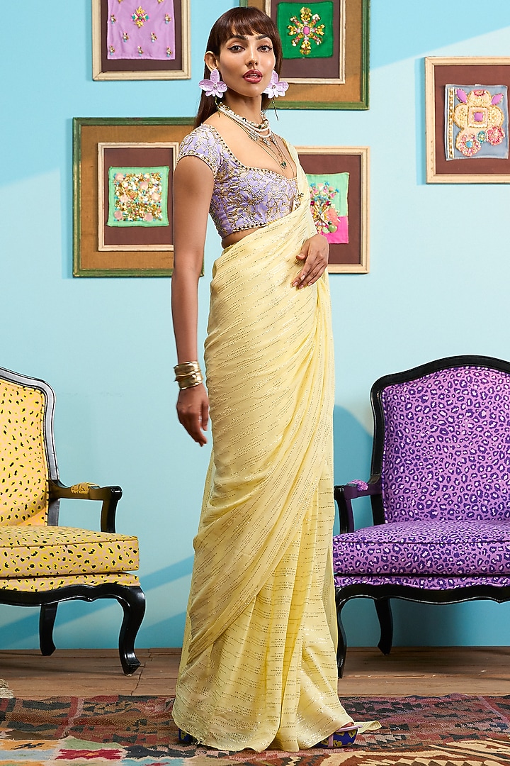 Yellow Lurex Pre-Stitched Reception Saree Set by PAPA DONT PREACH PRET at Pernia's Pop Up Shop