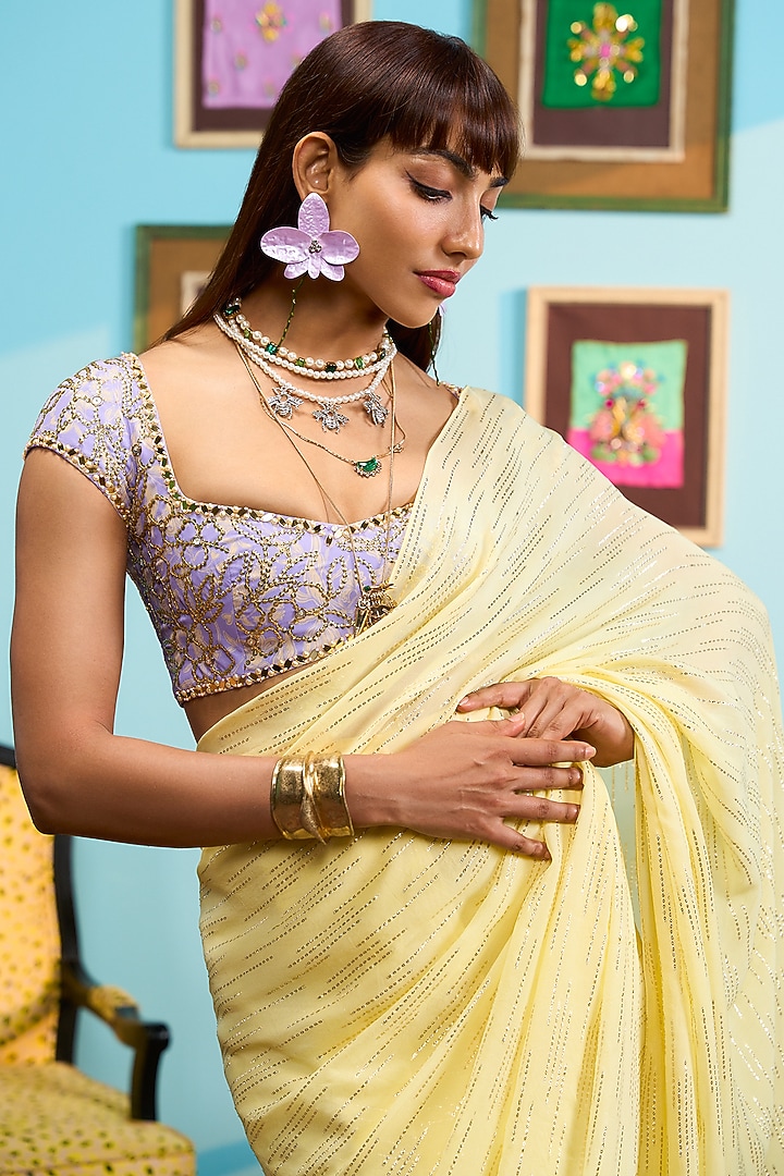 Yellow Lurex Pre-Stitched Reception Saree Set by PAPA DONT PREACH PRET at Pernia's Pop Up Shop