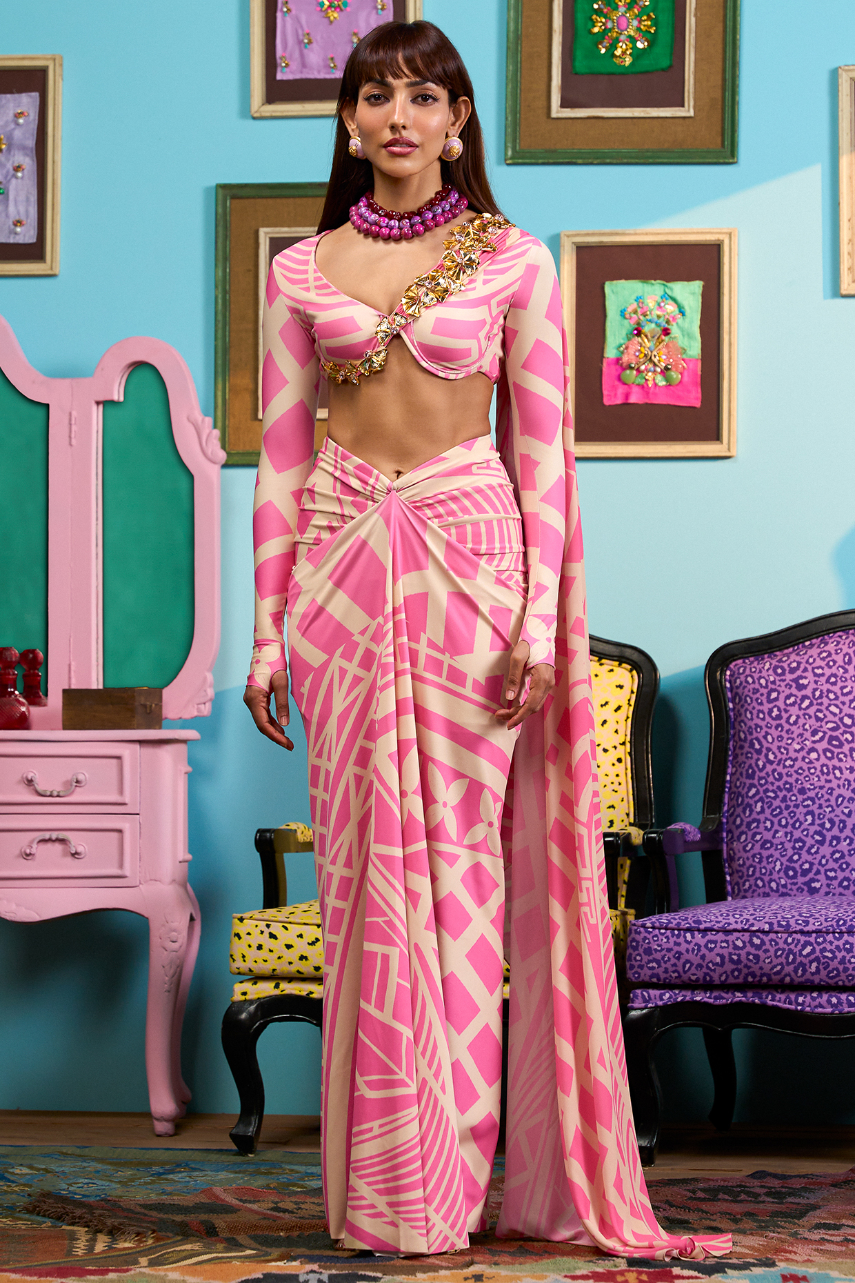 Pink Lycra Printed Draped Reception Saree Set by Papa Don't Preach by Shubhika at Pernia's Pop Up Shop