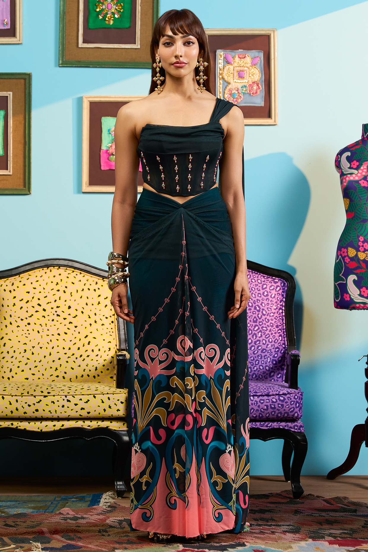 Green Lycra Tulle Printed Draped Wedding Saree Set by Papa Don't Preach by Shubhika at Pernia's Pop Up Shop