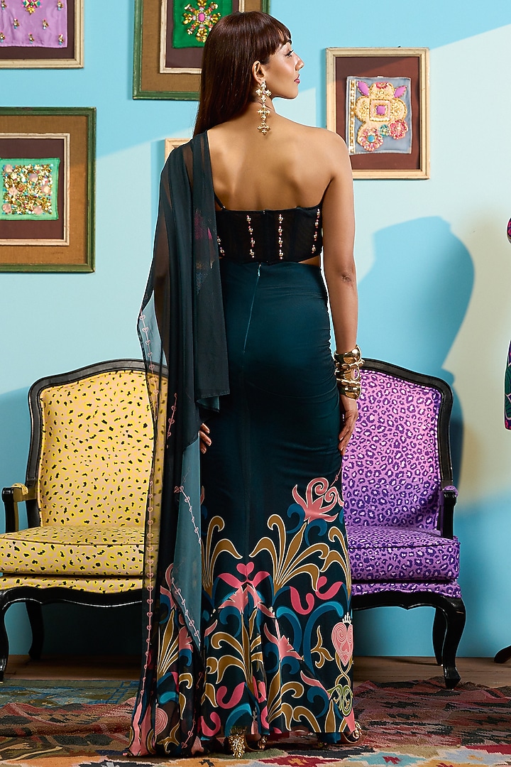 Green Lycra Tulle Printed Draped Wedding Saree Set by PAPA DONT PREACH PRET at Pernia's Pop Up Shop