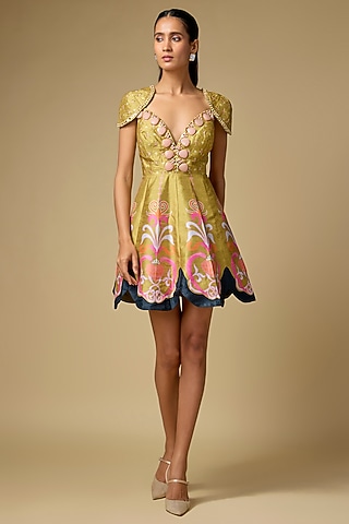 Mustard Raw Silk Pearl Embroidered Mini Dress by PAPA DONT PREACH PRET