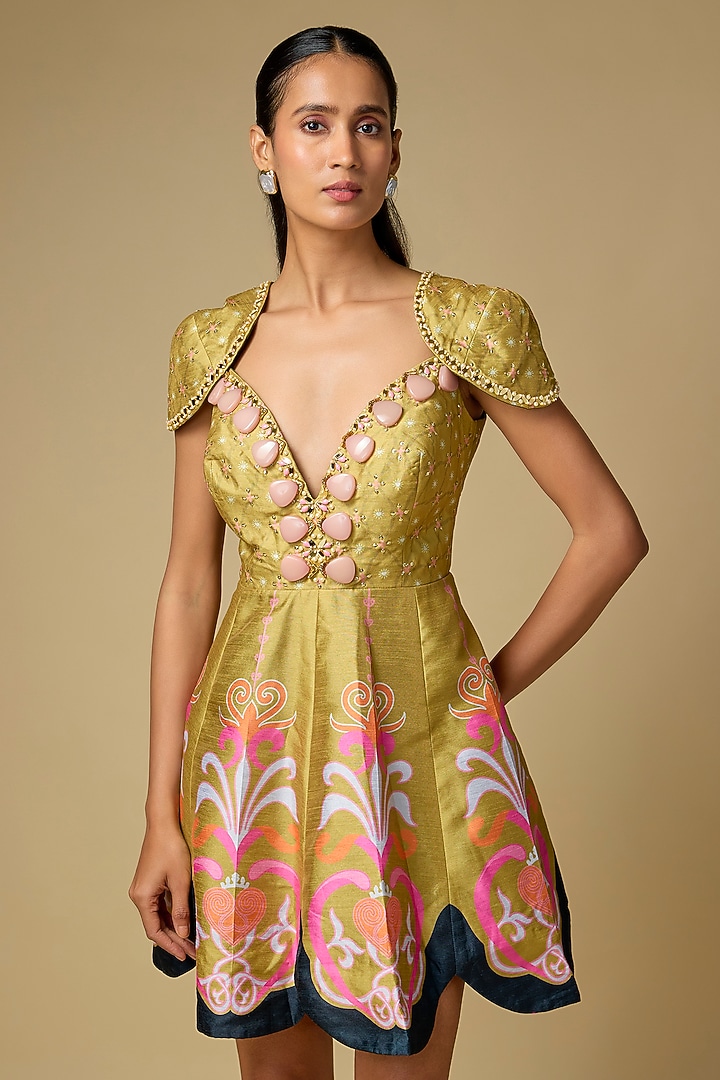 Mustard Raw Silk Pearl Embroidered Mini Party Wear Dress by PAPA DONT PREACH PRET at Pernia's Pop Up Shop