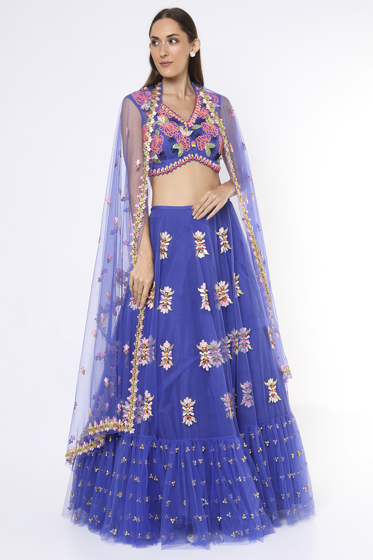 Blue Tulle Bridal Lehenga Set by Papa Don't Preach by Shubhika at Pernia's Pop Up Shop