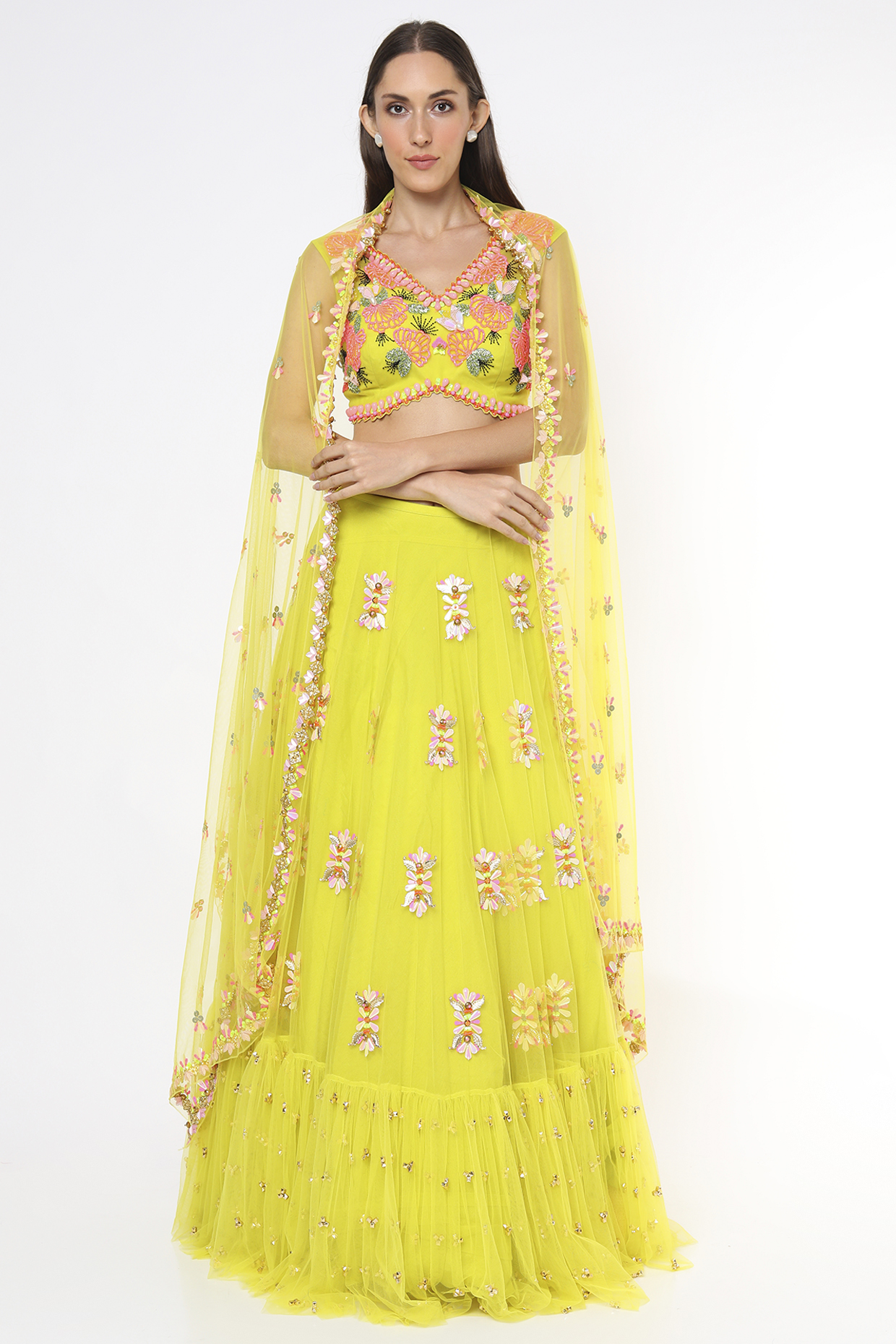 Lime Green Tulle Bridal Lehenga Set by Papa Don't Preach by Shubhika at Pernia's Pop Up Shop