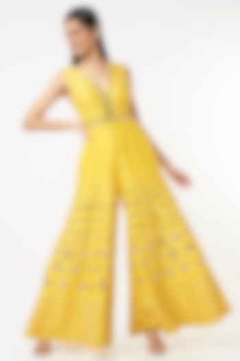 Butter Yellow Embroidered Jumpsuit With Belt by Papa Don't Preach by Shubhika
