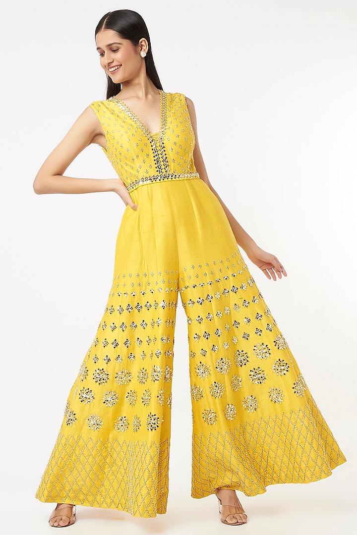 Butter Yellow Embroidered Jumpsuit With Belt by Papa Don't Preach by Shubhika
