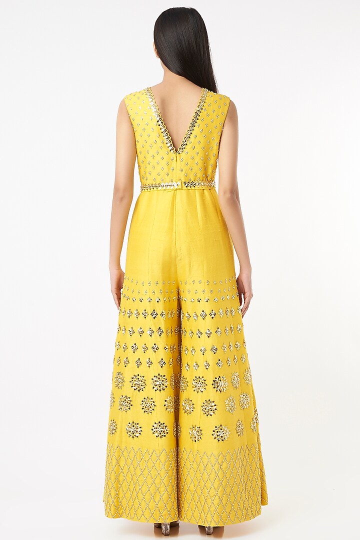 Butter Yellow Embroidered Jumpsuit With Belt by Papa Don't Preach by Shubhika at Pernia's Pop Up Shop
