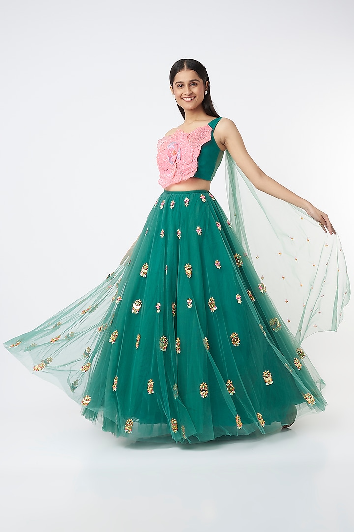 Dark Green Embroidered Lehenga Set by Papa Don't Preach by Shubhika