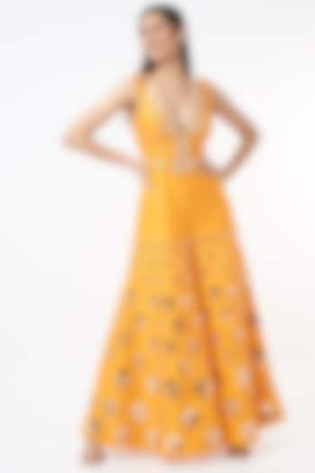 Citrus Yellow Embroidered Jumpsuit With Belt by Papa Don't Preach by Shubhika
