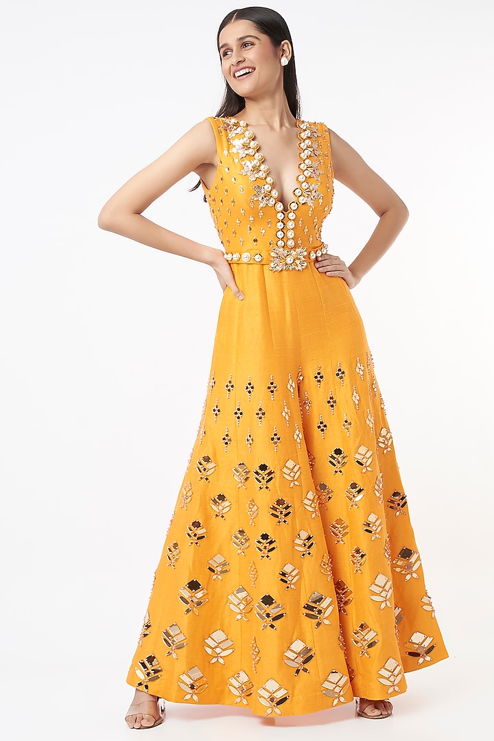 Citrus Yellow Embroidered Jumpsuit With Belt by Papa Don't Preach by Shubhika