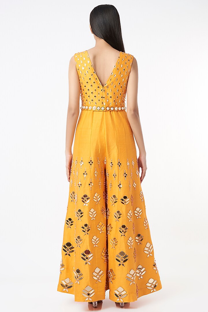 Citrus Yellow Embroidered Jumpsuit With Belt by Papa Don't Preach by Shubhika at Pernia's Pop Up Shop