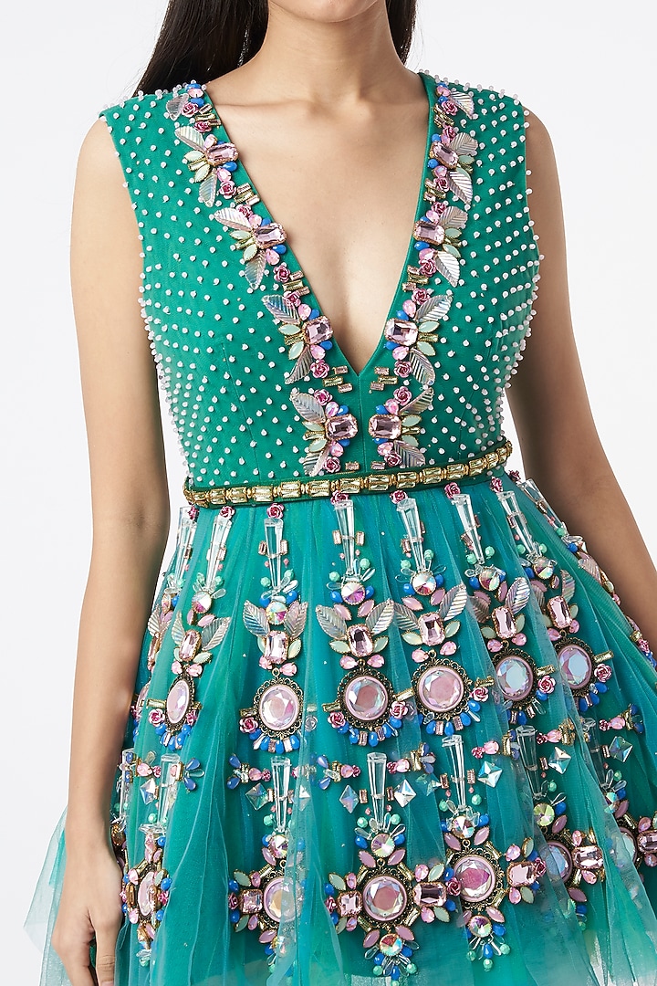 Aquarium Green Embroidered Party Wear Dress With Belt by Papa Don't Preach by Shubhika at Pernia's Pop Up Shop