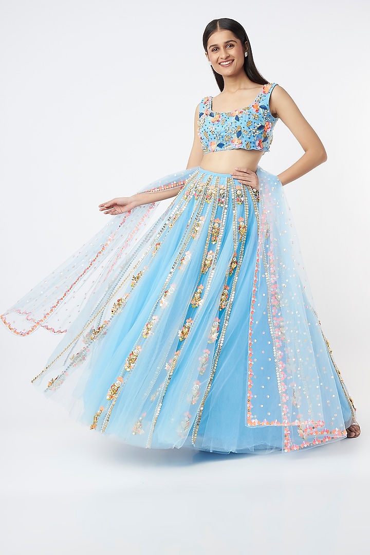 Powder Blue Embroidered Bridal Lehenga Set by Papa Don't Preach by Shubhika at Pernia's Pop Up Shop