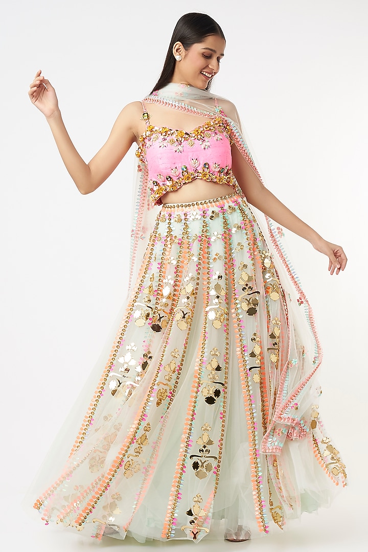 Mint Embroidered Bridal Lehenga Set by Papa Don't Preach by Shubhika at Pernia's Pop Up Shop