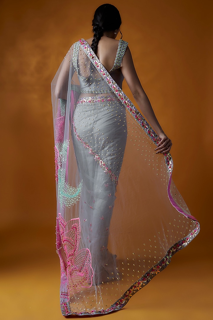 Grey Georgette & Tulle Glass Bead Embroidered Reception Saree Set by Papa Don't Preach by Shubhika at Pernia's Pop Up Shop