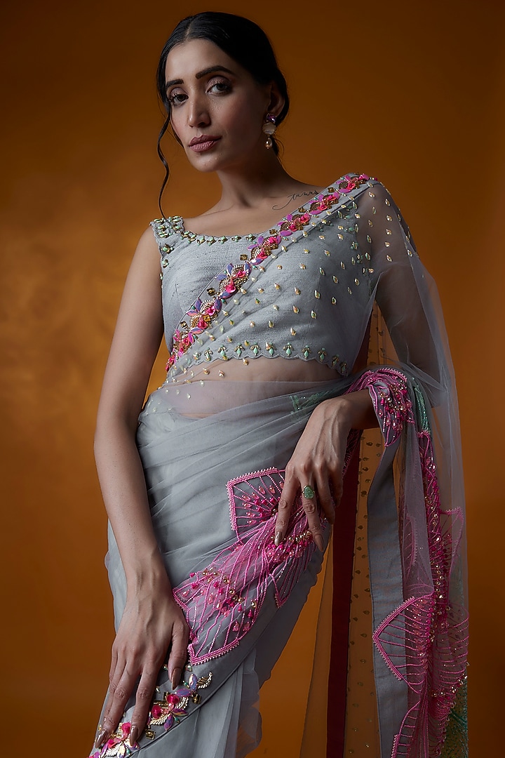 Grey Georgette & Tulle Glass Bead Embroidered Reception Saree Set by Papa Don't Preach by Shubhika at Pernia's Pop Up Shop