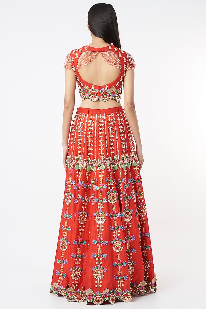 Bright Red Embroidered Bridal Lehenga Set by Papa Don't Preach by Shubhika at Pernia's Pop Up Shop
