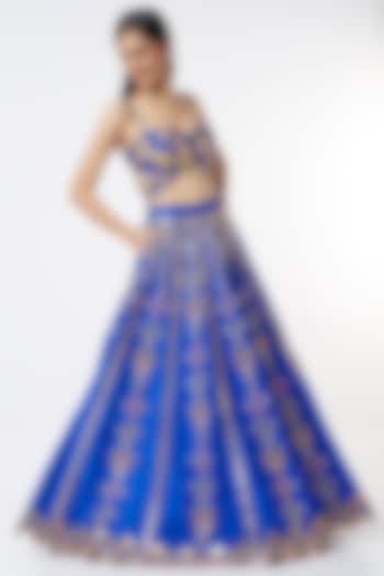 Electric Blue Embroidered Lehenga Set by Papa Don't Preach by Shubhika