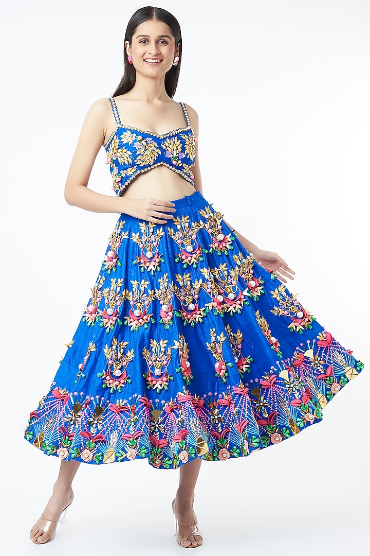 Electric Blue Embroidered Half Bridal Lehenga Set by Papa Don't Preach by Shubhika at Pernia's Pop Up Shop
