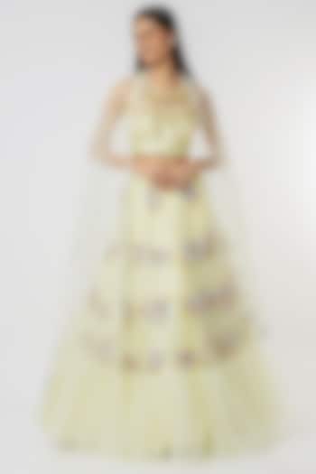 Baby Yellow Embroidered Frilled Bridal Lehenga Set by Papa Don't Preach by Shubhika at Pernia's Pop Up Shop