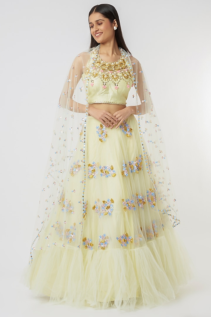 Baby Yellow Embroidered Frilled Bridal Lehenga Set by Papa Don't Preach by Shubhika at Pernia's Pop Up Shop
