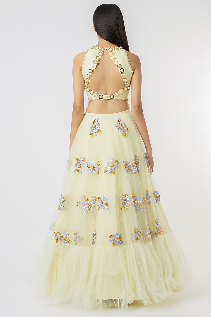 Baby Yellow Embroidered Frilled Bridal Lehenga Set by Papa Don't Preach by Shubhika at Pernia's Pop Up Shop