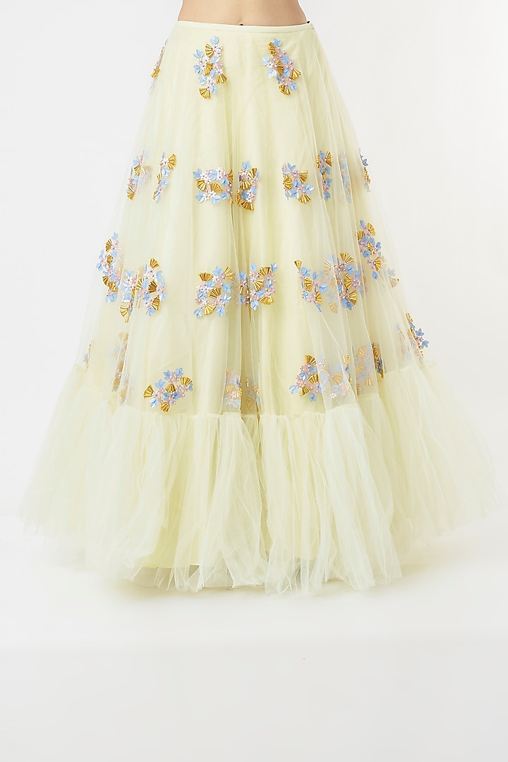 Baby Yellow Embroidered Frilled Bridal Lehenga Set by Papa Don't Preach by Shubhika at Pernia's Pop Up Shop