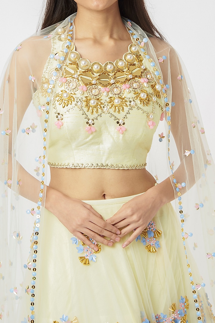Baby Yellow Embroidered Frilled Bridal Lehenga Set by Papa Don't Preach by Shubhika at Pernia's Pop Up Shop