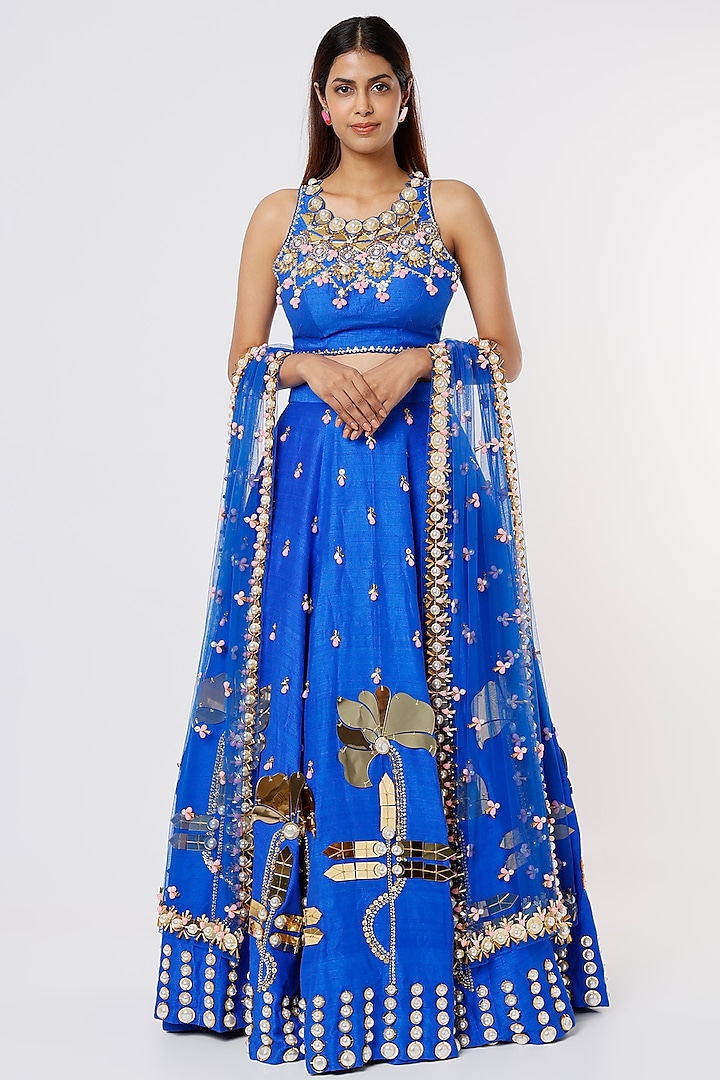 Electric Blue Embroidered Bridal Lehenga Set by Papa Don't Preach by ...