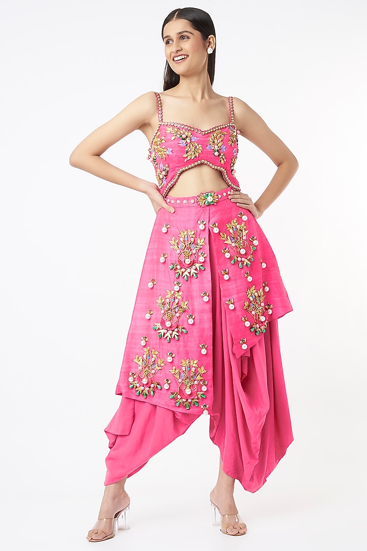 Hot Pink Embroidered Dhoti Jumpsuit by Papa Don't Preach by Shubhika