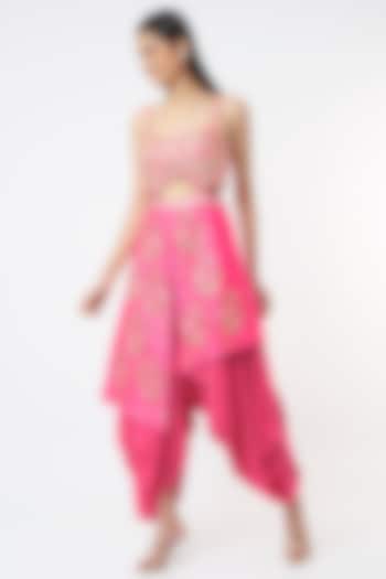 Hot Pink Aari Embroidered Dhoti Jumpsuit by Papa Don't Preach by Shubhika