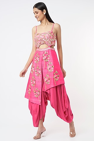 Hot Pink Aari Embroidered Dhoti Jumpsuit by Papa Don't Preach by Shubhika