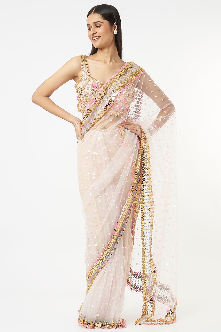 Blush Pink Aari Embroidered Pre-Stitched Saree Set by Papa Don't Preach by Shubhika