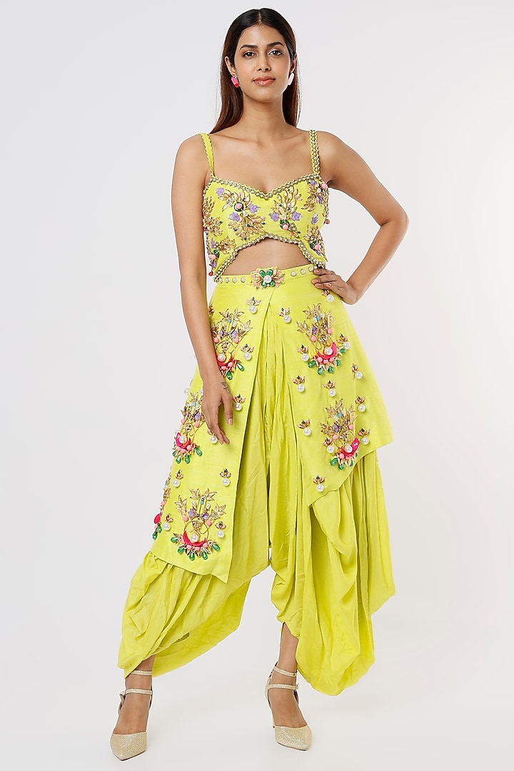 Lime Embroidered Dhoti Jumpsuit by Papa Don't Preach by Shubhika