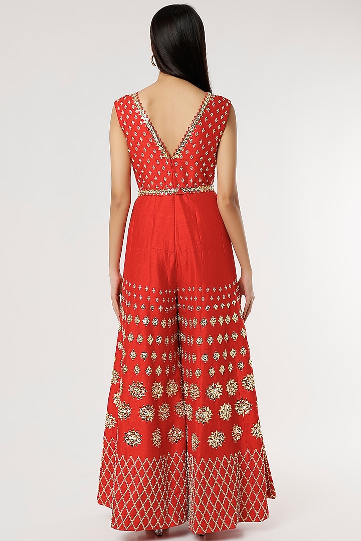 Red Embroidered Jumpsuit With Belt by Papa Don't Preach by Shubhika at Pernia's Pop Up Shop