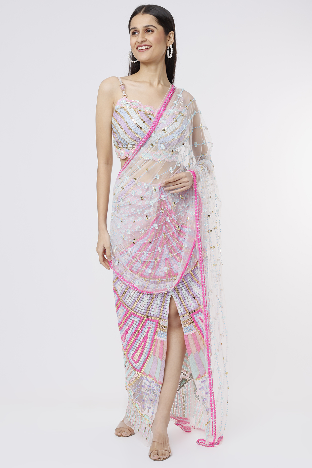 Blush Pink Embellished Pre-Stitched Saree Set by Papa Don't Preach by Shubhika