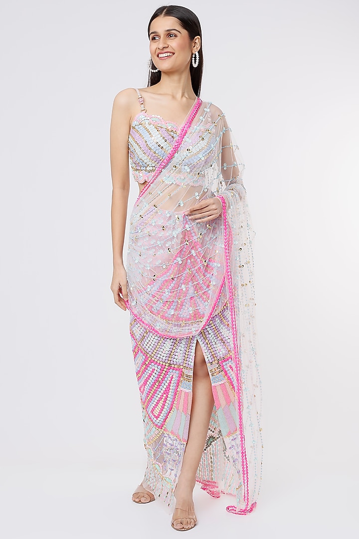 Blush Pink Embellished Pre-Stitched Saree Set by Papa Don't Preach by Shubhika
