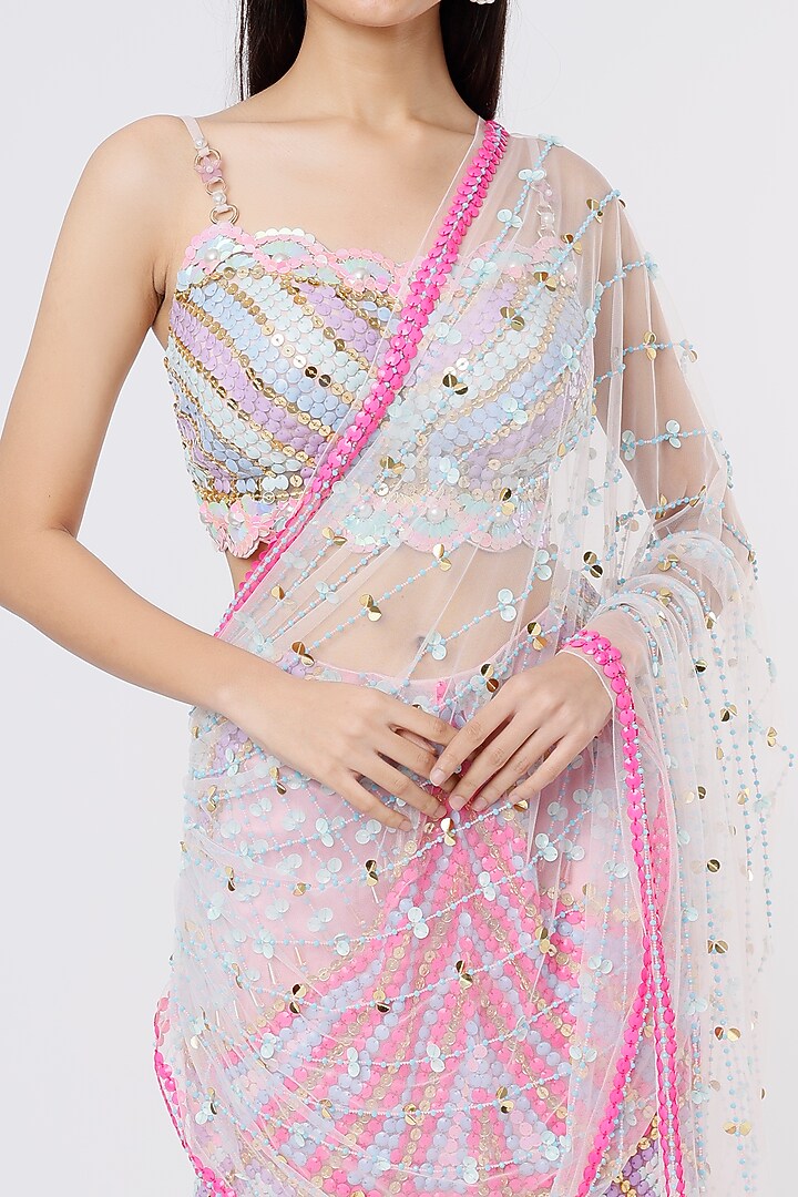 Blush Pink Embellished Pre-Stitched Bridal Saree Set by Papa Don't Preach by Shubhika at Pernia's Pop Up Shop