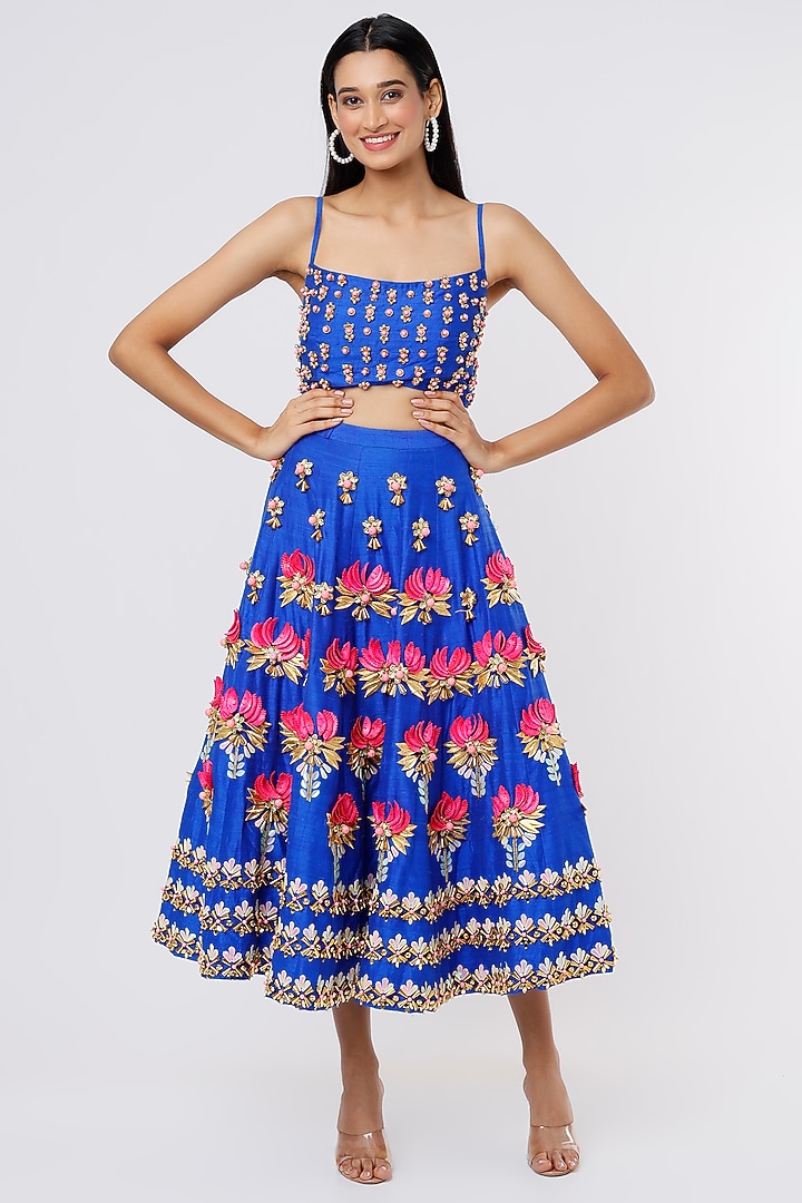 Electric Blue Embroidered Short Bridal Lehenga Set by Papa Don't Preach by Shubhika at Pernia's Pop Up Shop